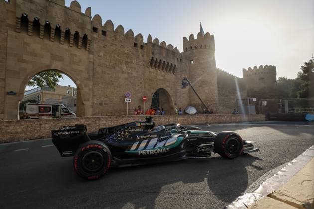 24.09.2026. Azerbaijan. Baku. Mercedes -AMG PETRONAS Formula One Team car during the second free race of the Formula 1 Azerbaijan Grand Prix in Baku. Alexey Belkin NEWS.ru BelkinxAlexey