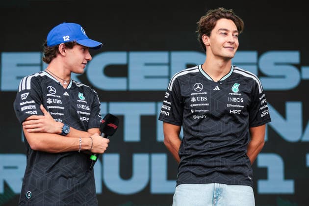F1 - AZERBAIJAIN GRAND PRIX 2026 KIMI ANTONELLI Andrea (ita), Mercedes AMG F1 Team W17, portrait RUSSELL George (gbr), Mercedes AMG F1 Team W17, portrait during the 2026 Formula 1 Azerbaijan Grand Prix, 15th round of the 2026 Formula One World Championship, WM, Weltmeisterschaft from September 24 to 26, 2026 on the Baku City Circuit, in Baku, Azerbaijan - BakuAzerbaijan Copyright: xEricxAlonsox