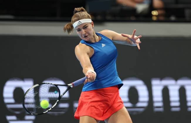 Czech Karolina Muchova pictured in action during the tennis match between Jessica Bouzas Maneiro of Spain and Karolina Muchova of Czech Republic in the Semi Finals of the Billie King Cup tournament, on Friday 25 September 2026 in Shenzhen, China. VIRGINIExLEFOUR  x187781053x
