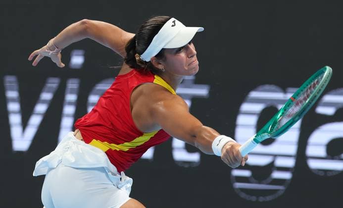 Spain Jessica Bouzas Maneiro pictured in action during the tennis match between Jessica Bouzas Maneiro of Spain and Karolina Muchova of Czech Republic in the Semi Finals of the Billie King Cup tournament, on Friday 25 September 2026 in Shenzhen, China. VIRGINIExLEFOUR  x187780696x