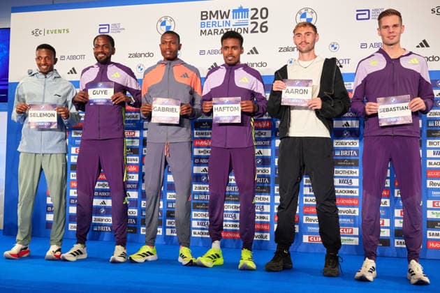 v.l. Selemon Barega, Guye Adola, Gabriel Geay, Haftom Welday, Aaron Bienenfeld, Sebastian Hendel, GER, Pressekonferenz, BMW Berlin Marathon 2026, Toplaeufer der Herren, 25.09.2026 GER, Pressekonferenz, BMW Berlin Marathon 2026, Toplaeufer der Herren, 25.09.2026 Berlin