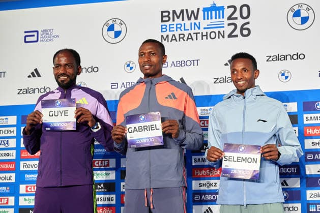 v.l. Guye Adola, Gabriel Geay, Selemon Barega, GER, Pressekonferenz, BMW Berlin Marathon 2026, Toplaeufer der Herren, 25.09.2026 GER, Pressekonferenz, BMW Berlin Marathon 2026, Toplaeufer der Herren, 25.09.2026 Berlin