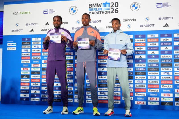 v.l. Guye Adola, Gabriel Geay, Selemon Barega, GER, Pressekonferenz, BMW Berlin Marathon 2026, Toplaeufer der Herren, 25.09.2026 GER, Pressekonferenz, BMW Berlin Marathon 2026, Toplaeufer der Herren, 25.09.2026 Berlin