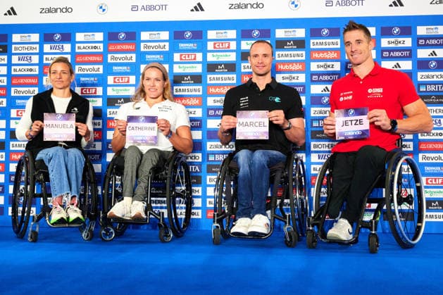Manuela Schaer, Catherine Debrunner, Marcel Hug, Jetze, Plat, (Paralympic athletes), GER, Pressekonferenz, BMW Berlin Marathon 2026, Toplaeufer der Herren, 25.09.2026 GER, Pressekonferenz, BMW Berlin Marathon 2026, Toplaeufer der Herren, 25.09.2026 Berlin