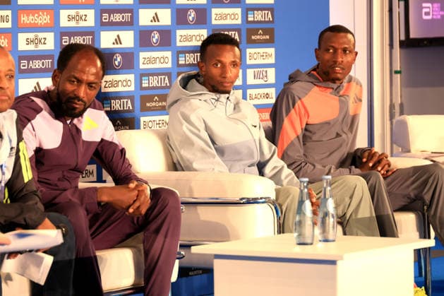 25.09.2026, Leichtathletik, GER DEU, Berlin, Deutschland, Berlin Marathon PK, Die Spitzenlaeufer Adola Guye ( ETH ), Geay Gabriel ( TAN ), Berega Selemon ( ETH ) nordphoto GmbH Engler Berlin Berlin Berlin Deutschland Copyright: xNordphotox xEnglerx