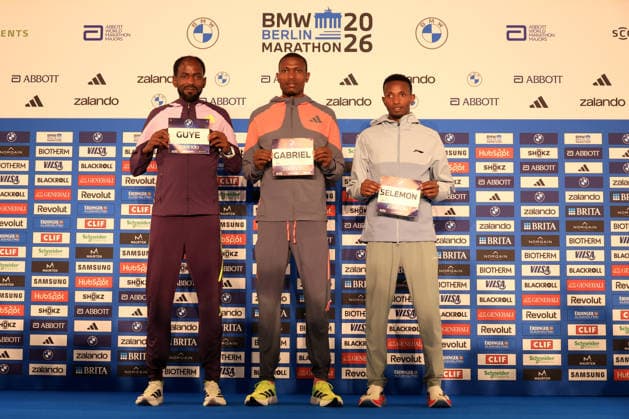 25.09.2026, Leichtathletik, GER DEU, Berlin, Deutschland, Berlin Marathon PK, Die Spitzenlaeufer Adola Guye ( ETH ), Geay Gabriel ( TAN ), Berega Selemon ( ETH ) nordphoto GmbH Engler Berlin Berlin Berlin Deutschland Copyright: xNordphotox xEnglerx