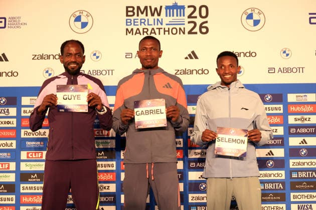 25.09.2026, Leichtathletik, GER DEU, Berlin, Deutschland, Berlin Marathon PK, Die Spitzenlaeufer Adola Guye ( ETH ), Geay Gabriel ( TAN ), Berega Selemon ( ETH ) nordphoto GmbH Engler Berlin Berlin Berlin Deutschland Copyright: xNordphotox xEnglerx