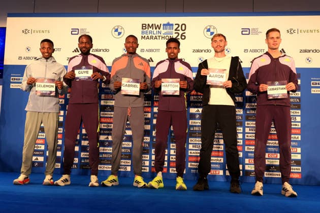 25.09.2026, Leichtathletik, GER DEU, Berlin, Deutschland, Berlin Marathon PK, Die Spitzenlaeufer Adola Guye ( ETH ), Geay Gabriel ( TAN ), Berega Selemon ( ETH ) , Hafton Weday ( GER ), Aaron Bienenfeld ( GER ), Sebastian Hendel ( GER ) nordphoto GmbH Engler Berlin Berlin Berlin Deutschland Copyright: xNordphotox xEnglerx