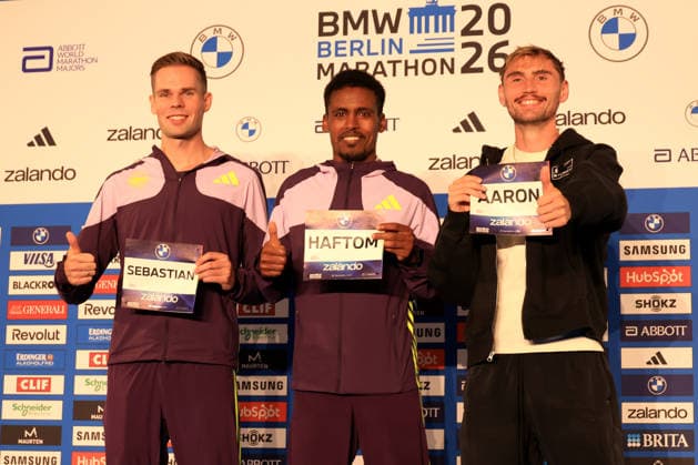 25.09.2026, Leichtathletik, GER DEU, Berlin, Deutschland, Berlin Marathon PK, Dieutsche Spitzenlaeufer Hafton Weday ( GER ), Aaron Bienenfeld ( GER ), Sebastian Hendel ( GER ) nordphoto GmbH Engler Berlin Berlin Berlin Deutschland Copyright: xNordphotox xEnglerx