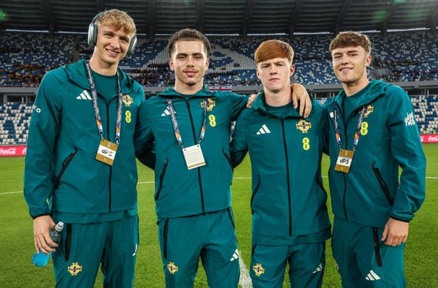 UEFA Nations League Group Stage, Boris Paitchadze Dinamo Arena, Tbilisi, Georgia 25 9 2026 Georgia vs Northern Ireland Northern Ireland s Tom Atcheson, Kieran Morrison, Braiden Graham and Ceadach O™Neill ahead of the match Tom Atcheson, Kieran Morrison, Braiden Graham and Ceadach O™Neill ahead of the match 25 9 2026  Copyright: xx Georgia v N Ireland_004