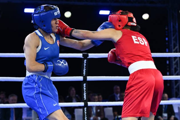 2026 European Boxing Championships SOFIA, BULGARIA - SEPTEMBER 25: Hatice Akbas (blue) of Turkiye in action against Laura Fuertes Fernandez (red) of Spain during the Elite Women s 51kg Final at the 2026 European Boxing Elite Championships at the Asics Arena Sports Hall in Sofia, Bulgaria, on September 25, 2026. Artur Widak Anadolu Sofia Bulgaria. Editorial use only. Please get in touch for any other usage.  Copyright: x2026xAnadoluxArturxWidakx