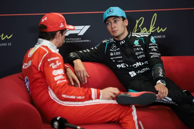 F1 - AZERBAIJAIN GRAND PRIX 2026 RUSSELL George (gbr), Mercedes AMG F1 Team W17, portrait and LECLERC Charles (mco), Scuderia Ferrari SF-26, portrait press conference, PK, Pressekonferenz during the 2026 Formula 1 Azerbaijan Grand Prix, 15th round of the 2026 Formula One World Championship, WM, Weltmeisterschaft from September 24 to 26, 2026 on the Baku City Circuit, in Baku, Azerbaijan - BakuAzerbaijan Copyright: xEricxAlonsox