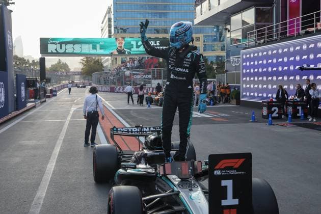 25.09.2026. Azerbaijan. Baku. Mercedes-AMG PETRONAS Formula One Team driver George Russell after the qualifying races of the Formula 1 Azerbaijan Grand Prix in Baku. Alexey Belkin NEWS.ru BelkinxAlexey