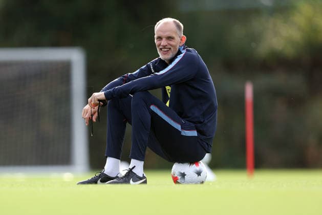 England Training 25 September 2026, Enfield - International Football - England Training - England manager Thomas Tuchel sits on a ball - Photo: Charlotte Wilson Offside. Enfield UK Copyright: xCharlottexWilsonx xOffsidexOffside