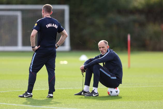 England Training 25 September 2026, Enfield - International Football - England Training - England manager Thomas Tuchel sits on a ball - Photo: Charlotte Wilson Offside. Enfield UK Copyright: xCharlottexWilsonx xOffsidexOffside