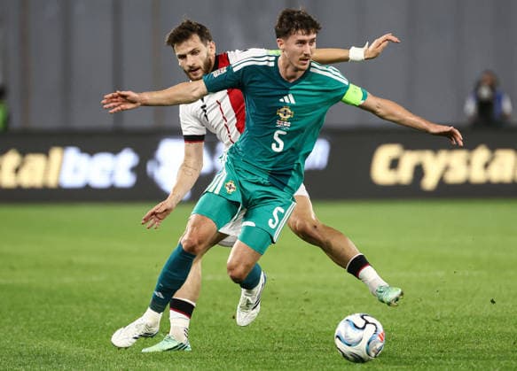 UEFA Nations League Group Stage, Boris Paitchadze Dinamo Arena, Tbilisi, Georgia 25 9 2026 Georgia vs Northern Ireland Northern Ireland™s Trai Hume with Georgia s Khvicha Kvaratskhelia Trai Hume with Khvicha Kvaratskhelia 25 9 2026  Copyright: xx Georgia v N Ireland_054
