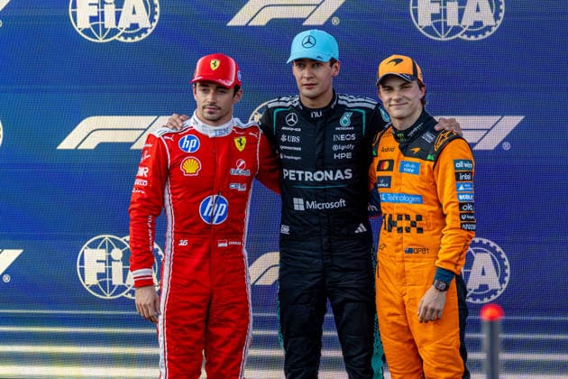 BAKU, AZERBAIJAN: George Russell fastest in the Azerbaijan Grand Prix Qualifying during the 2026 Formula 1 Azerbaijan Grand Prix at the Baku City Circuit in Baku, Azerbaijan