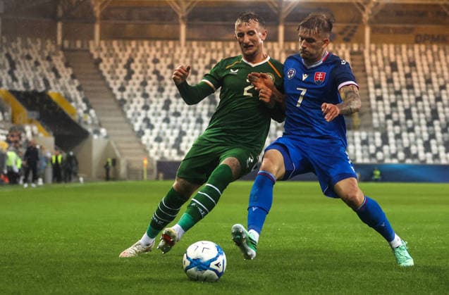2027 UEFA Under 21 European Qualifier, Kosicka Futbalova Arena, Kosice, Slovakia 25 9 2026 Slovakia vs Republic of Ireland Ireland™s Sam Curtis with Matej Riznic of Slovakia Sam Curtis with Matej Riznic 25 9 2026  Copyright: xAleksandarxDjorovicx AS4A3121