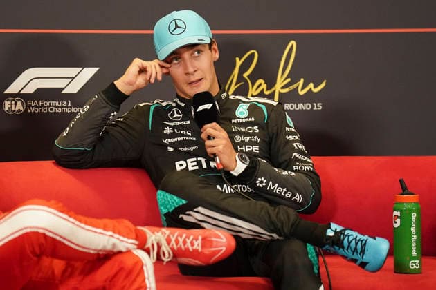 FORMULA 1 AZERBAIJAN GRAND PRIX 2026 George Russell (GBR) 63 Mercedes in the Post Qualifying press conference, PK, Pressekonferenz after taking Pole Position during the Formula 1 Qatar Airways Azerbaijan Grand Prix 2026, Round 15 of the 2026 Formula 1 World Championship, WM, Weltmeisterschaft from 24th - 26th September 2026 at the Baku City Circuit, Baku, Azerbaijan. Credit: Robbie Hoad Every Second Media Editorial use only. All images are copyright Every Second Media Limited. No images may be reproduced without prior permission. Copyright: xIMAGO EveryxSecondxMediax ESM-2183-0403 RobbiexHoadx xEveryxSecondxMediax
