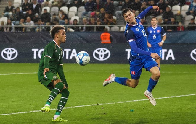 2027 UEFA Under 21 European Qualifier, Kosicka Futbalova Arena, Kosice, Slovakia 25 9 2026 Slovakia vs Republic of Ireland Ireland™s Trent Kone-Doherty with Marek Okal of Slovakia Trent Kone-Doherty with Marek Okal 25 9 2026  Copyright: xAleksandarxDjorovicx AS4A3177