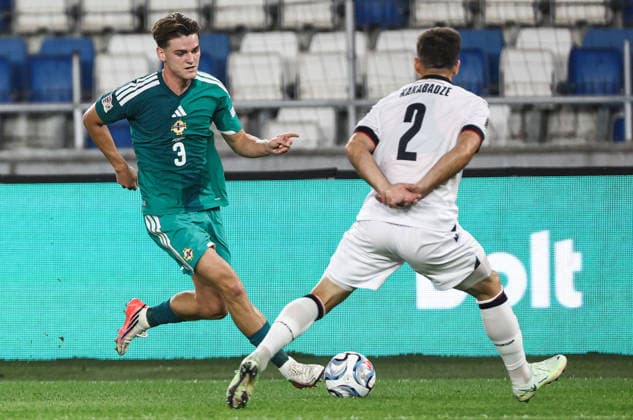 UEFA Nations League Group Stage, Boris Paitchadze Dinamo Arena, Tbilisi, Georgia 25 9 2026 Georgia vs Northern Ireland Northern Ireland™s Justin Devenny with Georgia s Otar Kakabadze Justin Devenny with Otar Kakabadze 25 9 2026  Copyright: xx Georgia v N Ireland_062