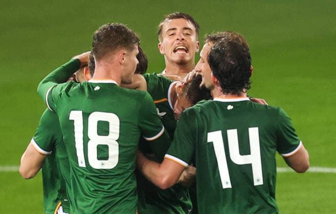 2027 UEFA Under 21 European Qualifier, Kosicka Futbalova Arena, Kosice, Slovakia 25 9 2026 Slovakia vs Republic of Ireland Ireland™s Sean Grehan celebrates scoring their second goal from a header with teammates Sean Grehan celebrates scoring their second goal from a header with teammates 25 9 2026  Copyright: xAleksandarxDjorovicx AS4A3308