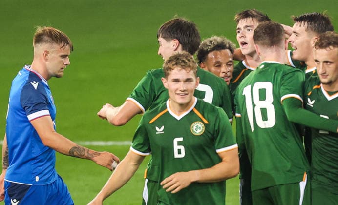 2027 UEFA Under 21 European Qualifier, Kosicka Futbalova Arena, Kosice, Slovakia 25 9 2026 Slovakia vs Republic of Ireland Ireland™s Sean Grehan celebrates scoring their second goal from a header with teammates Sean Grehan celebrates scoring their second goal from a header with teammates 25 9 2026  Copyright: xAleksandarxDjorovicx AS4A3330