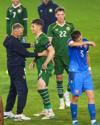 2027 UEFA Under 21 European Qualifier, Kosicka Futbalova Arena, Kosice, Slovakia 25 9 2026 Slovakia vs Republic of Ireland Ireland manager Jim Crawford celebrates winning with Sean Grehan Jim Crawford celebrates winning with Sean Grehan 25 9 2026  Copyright: xAleksandarxDjorovicx AS4A3681