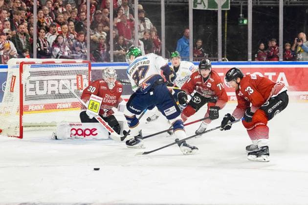 Eishockey Penny-DEL 3.Spieltag Kölner Haie - Eisbären Berlin am 25.09.2026 in der Lanxess Arena in Köln v.l.n.r. , Janne Juvonen ( Köln ), Markus Vikingstad ( Berlin ), Daniel Fischbuch ( Köln ), Valtteri Kemiläinen ( Köln ) Gemäß den Vorgaben der DEL Deutsche Eishockey Liga ist die Publikation und Weiterverwertung der Aufnahmen in elektronischen Medien und Endgeräten aller Art während des laufenden Spiels nicht zulässig.