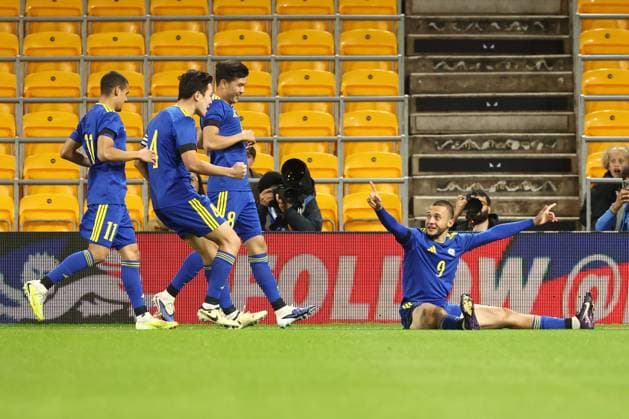 Artyom Litosh of Kazakhstan U21, U 21 celebrates a goal 0-1. England U21 v Kazakhstan U21, UEFA European U21 Championship Qualifying, Football, Molineux Stadium, Wolverhampton, UK - 25 Sep 2026Wolverhampton Molineux Stadium United Kingdom  Copyright: xRyanxBrowne Shutterstockx 17169476z