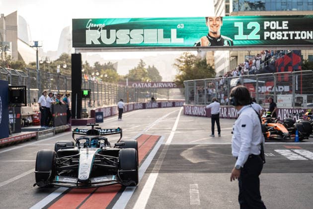 Formula 1 Azerbaijan Grand Prix - Qualifying Session - Baku Mercedes driver George Russell (63) celebrates after the qualifying session of the Formula One Azerbaijan Grand Prix at the Baku City Circuit in Baku on September 25, 2026. Photo by Alexis Jumeau ABACAPRESS.COM Bakou  Copyright: xJumeauxAlexis ABACAx