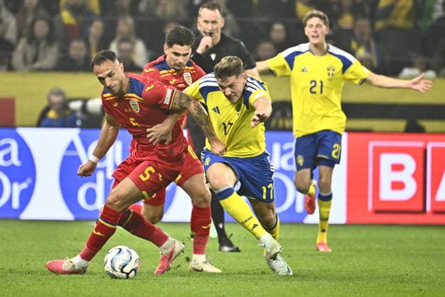 STOCKHOLM, SWEDEN 20260925 Romania s Virgil GhiÅ£Äƒ and Sweden s Viktor Gyökeres during Friday s Nations League football match between Sweden and Romania at the Strawberry Arena. STOCKHOLM SWEDEN x10090x