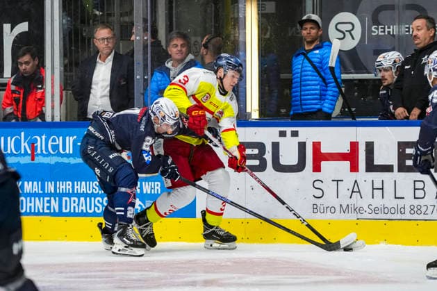 Kampf um den Puck Zweikampf zwischen Matej Mrazek (Towerstars Ravensburg, 21) und Levi Holzhausen (Duesseldorfer EG, 3), GER, Ravensburg Towerstars vs. Duesseldorfer EG, Eishockey, DEL2 Hauptrunde, 3. Spieltag, Spielzeit 2026 2027, 25.09.2026 GER, Ravensburg Towerstars vs. Duesseldorfer EG, Eishockey, DEL2 Hauptrunde, 3. Spieltag, Spielzeit 2026 2027, 25.09.2026 Ravensburg Copyright: xEibner-Pressefoto MaximilianxRistx EP_MRT