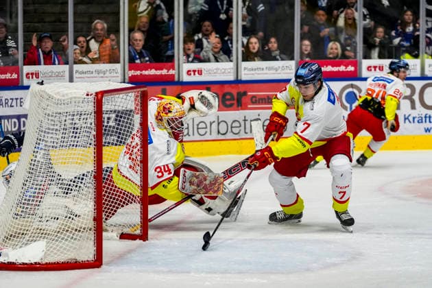 Max Hense (Duesseldorfer EG, 7) rettet den Puck und Jonas Langmann (Duesseldorfer EG, 34) neben den Tor, GER, Ravensburg Towerstars vs. Duesseldorfer EG, Eishockey, DEL2 Hauptrunde, 3. Spieltag, Spielzeit 2026 2027, 25.09.2026 GER, Ravensburg Towerstars vs. Duesseldorfer EG, Eishockey, DEL2 Hauptrunde, 3. Spieltag, Spielzeit 2026 2027, 25.09.2026 Ravensburg Copyright: xEibner-Pressefoto MaximilianxRistx EP_MRT