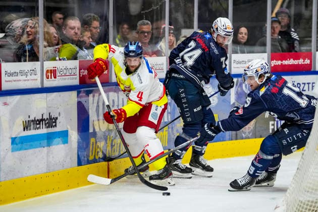 Andrew Bodnarchuk (Duesseldorfer EG, 4) gegen Louis Latta (Towerstars Ravensburg, 74) und Anselm Gerg (Towerstars Ravensburg, 15), GER, Ravensburg Towerstars vs. Duesseldorfer EG, Eishockey, DEL2 Hauptrunde, 3. Spieltag, Spielzeit 2026 2027, 25.09.2026 GER, Ravensburg Towerstars vs. Duesseldorfer EG, Eishockey, DEL2 Hauptrunde, 3. Spieltag, Spielzeit 2026 2027, 25.09.2026 Ravensburg Copyright: xEibner-Pressefoto MaximilianxRistx EP_MRT