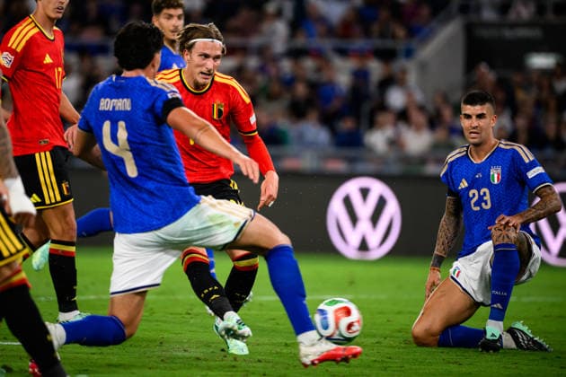 Mika Godts of Belgium scores the goal of 0-1 during the Nations League football match between Italy and Belgium at Stadio Olimpico in Rome (Italy), September 25, 2026. AndreaxStaccioli