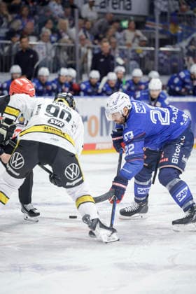 25.09.2026, xhettx, Eishockey Penny DEL, Adler Mannheim - Krefeld Pinguine v.l. Bully Adam Payerl (Krefeld Pinguine, 90) und Matthias Plachta (Adler Mannheim, 22)