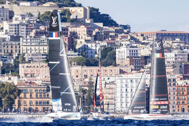 IPA88968944 - Day 1 of the Louis Vuitton 38th America s Cup Preliminary Regatta in Naples. AC40 foiling monotypes racing across the Gulf of Naples, featuring intense fleet action from all participating syndicates, including Emirates Team New Zealand, Luna Rossa Prada Pirelli, GB1, Tudor Team Alinghi, and other international teams on the official race course. During the Louis Vuitton 38th America s Cup Preliminary Regatta in Naples, a sailing race in Naples, Italy, on September 25, 2026 Copyright: xCarloxDixSanto IPAxSportx xx IPA88968944