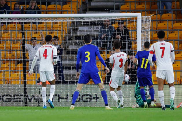 Wolverhampton, England, 25th September 2026. Saif Popov of Kazakhstan U21, U 21 scores a goal to make it 2-2 during the England U21 vs Kazakhstan U21 UEFA European Under-21 Championship Qualifier match at Molineux, Wolverhampton. Picture credit should read: James Baylis Sportimage EDITORIAL USE ONLY. No use with unauthorised audio, video, data, fixture lists, club league logos or live services. Online in-match use limited to 120 images, no video emulation. No use in betting, games or single club league player publications. 012_SPI_JB_U21_ENGLAND_KAZAKHSTAN SPI-5018-0012