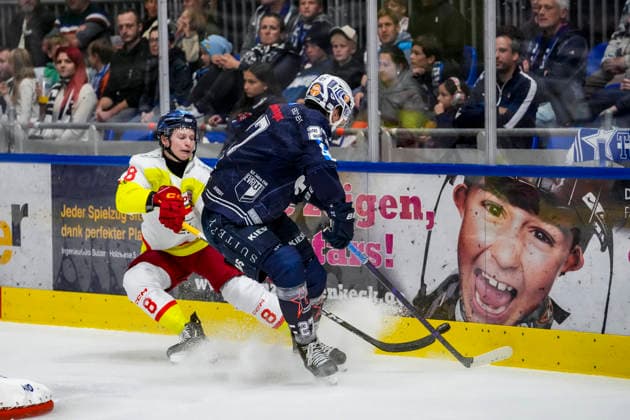Kampf um den Puck Zweikampf zwischen Kristian Blumenschein (Duesseldorfer EG, 8) und Thomas Reichel (Towerstars Ravensburg, 27), GER, Ravensburg Towerstars vs. Duesseldorfer EG, Eishockey, DEL2 Hauptrunde, 3. Spieltag, Spielzeit 2026 2027, 25.09.2026 GER, Ravensburg Towerstars vs. Duesseldorfer EG, Eishockey, DEL2 Hauptrunde, 3. Spieltag, Spielzeit 2026 2027, 25.09.2026 Ravensburg Copyright: xEibner-Pressefoto MaximilianxRistx EP_MRT