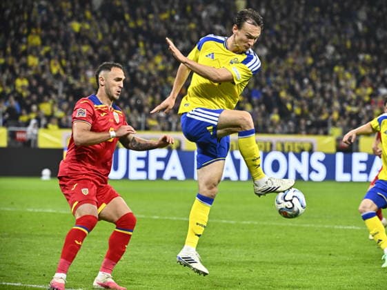 STOCKHOLM, SWEDEN 20260925 Sweden s Hjalmar Ekdal and Romania s Virgil GhiÈ›Äƒ (left) during the Nations League football match, League B group 4, between Sweden and Romania at Strawberry Arena, Stockholm Sweden September 25, 2026. STOCKHOLM SWEDEN x10090x
