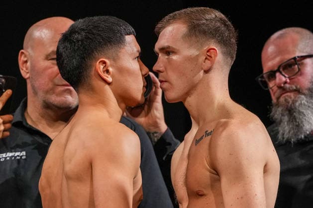 Zuffa Boxing 11 Fisher vs Pirotton Ceremonial Weigh-In LONDON, ENGLAND - SEPTEMBER 25: (L-R) Alexis de la Cerda and Cain Lewis face off during the Ceremonial Weigh-In at Zuffa Boxing 11 Fisher vs Pirotton at Copper Box Arena on September 25th, 2026 in London, England (Photo by Torbjorn Tande PXImages) London Copper Box Arena England Copyright: xTorbjornxTandex