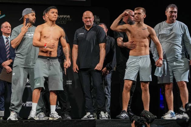 Zuffa Boxing 11 Fisher vs Pirotton Ceremonial Weigh-In LONDON, ENGLAND - SEPTEMBER 25: (L-R) Alexis de la Cerda and Cain Lewis face off during the Ceremonial Weigh-In at Zuffa Boxing 11 Fisher vs Pirotton at Copper Box Arena on September 25th, 2026 in London, England (Photo by Torbjorn Tande PXImages) London Copper Box Arena England Copyright: xTorbjornxTandex