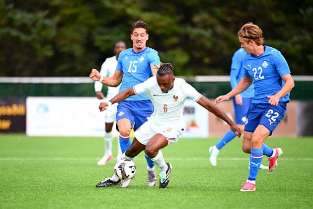 Iceland v France - Euro U21, U 21 2027 - Qualifications Amin Cosic of Iceland U21, Daniel Freyr Kristjansson of Iceland U21 and Valentin ATANGANA of France U21 during Euro U21 2027 Qualifications match between Iceland and France at Throttarvollur on September 25, 2026 in Reykjavik, Iceland. Reykjavik Iceland  Copyright: xSandraxRuhautx 776567071