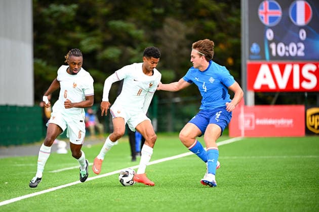Iceland v France - Euro U21, U 21 2027 - Qualifications Senny MAYULU of France U21, David Aronsson of Iceland U21 and Valentin ATANGANA of France U21 during Euro U21 2027 Qualifications match between Iceland and France at Throttarvollur on September 25, 2026 in Reykjavik, Iceland. Reykjavik Iceland  Copyright: xSandraxRuhautx 776567071