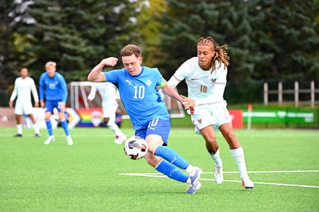 Iceland v France - Euro U21, U 21 2027 - Qualifications Eggert Gudmundsson of Iceland U21 and Saimon BOUABRE of France U21 during Euro U21 2027 Qualifications match between Iceland and France at Throttarvollur on September 25, 2026 in Reykjavik, Iceland. Reykjavik Iceland  Copyright: xSandraxRuhautx 776567071