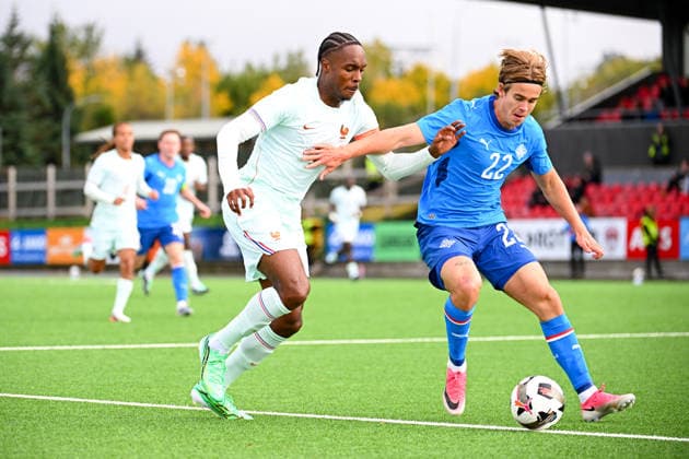 Iceland v France - Euro U21, U 21 2027 - Qualifications Daniel Freyr Kristjansson of Iceland U21 and Mathys TEL of France U21 during Euro U21 2027 Qualifications match between Iceland and France at Throttarvollur on September 25, 2026 in Reykjavik, Iceland. Reykjavik Iceland  Copyright: xSandraxRuhautx 776567071
