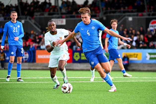 Iceland v France - Euro U21, U 21 2027 - Qualifications Valentin ATANGANA of France U21 and David Aronsson of Iceland U21 during Euro U21 2027 Qualifications match between Iceland and France at Throttarvollur on September 25, 2026 in Reykjavik, Iceland. Reykjavik Iceland  Copyright: xSandraxRuhautx 776567071