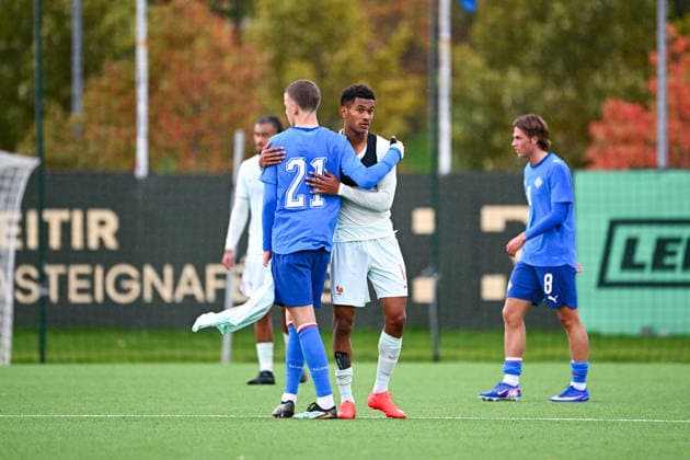 Iceland v France - Euro U21, U 21 2027 - Qualifications Senny MAYULU of France U21 and Tomas Robertsson of Iceland U21 during Euro U21 2027 Qualifications match between Iceland and France at Throttarvollur on September 25, 2026 in Reykjavik, Iceland. Reykjavik Iceland  Copyright: xSandraxRuhautx 776567071