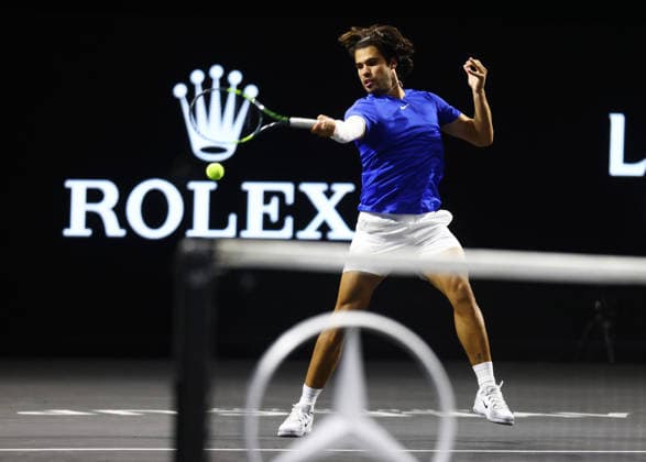 2026 Laver Cup, O2 Arena, London,25 09 2026 Carlos Alcaraz (ESP) partnered with Jakub Mensik (CZE) in action against Taylor Fritz (USA) and Alexander Bublik in 2026 Laver Cup at the O2 Arena, London London O2 Arena London GBR, UK NEWSPAPERS OUT Copyright: xMarkxGreenwoodx